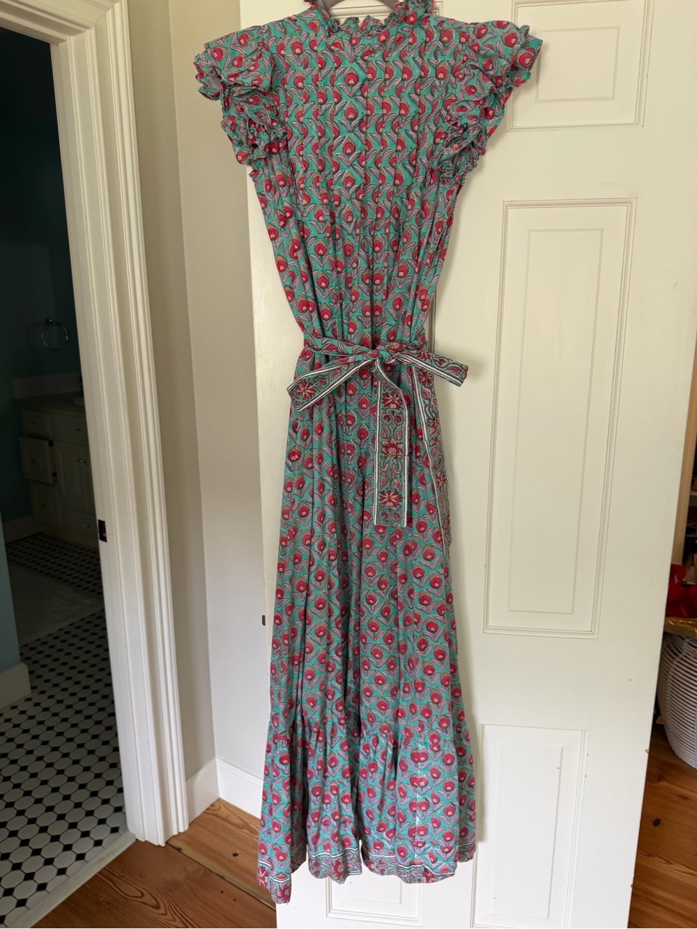 Victoria Dunn Teal Maxi Dress with Pink Floral Print
